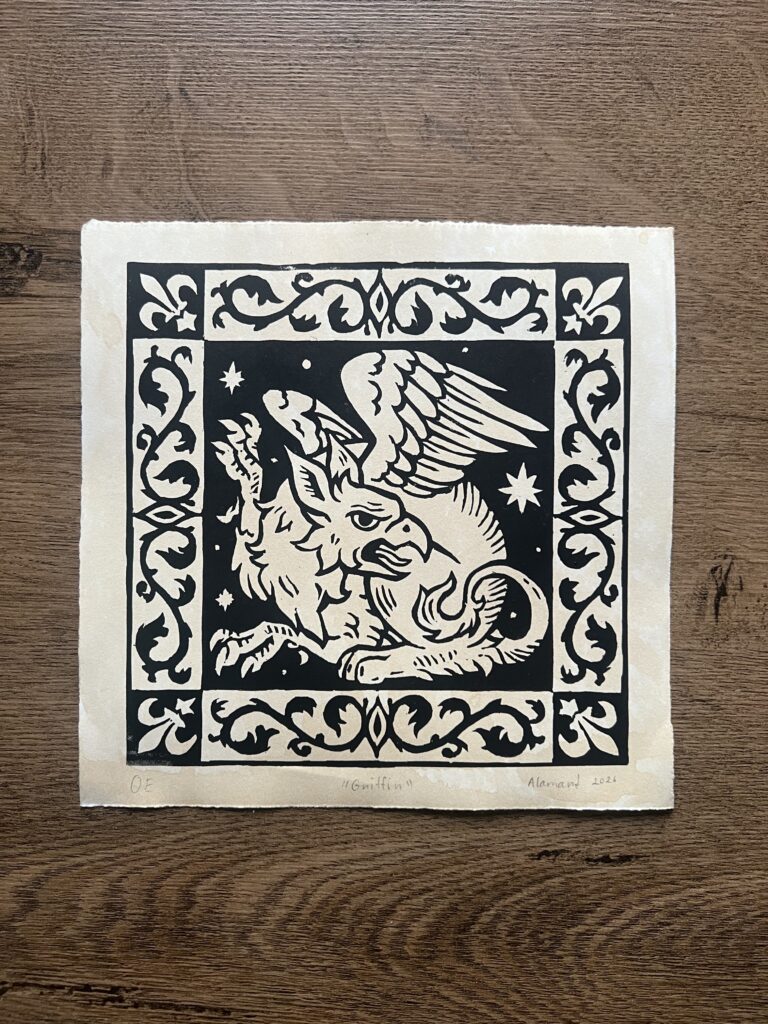 Medieval heraldic fantasy griffin linocut print