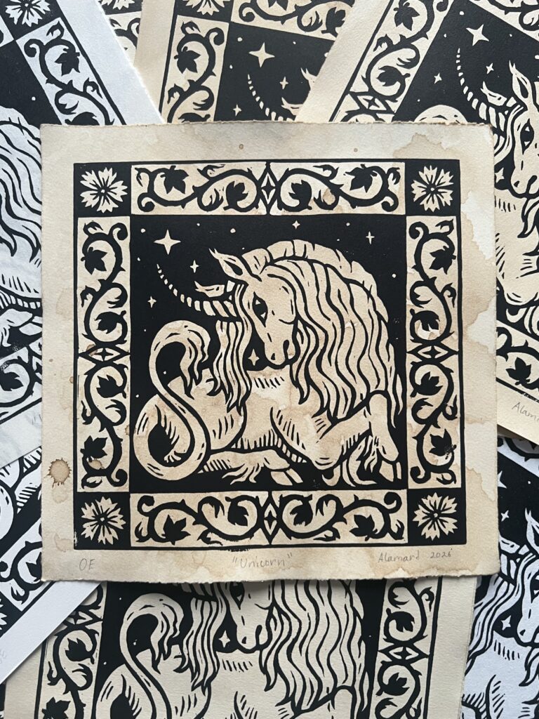 Medieval heraldic fantasy unicorn linocut print