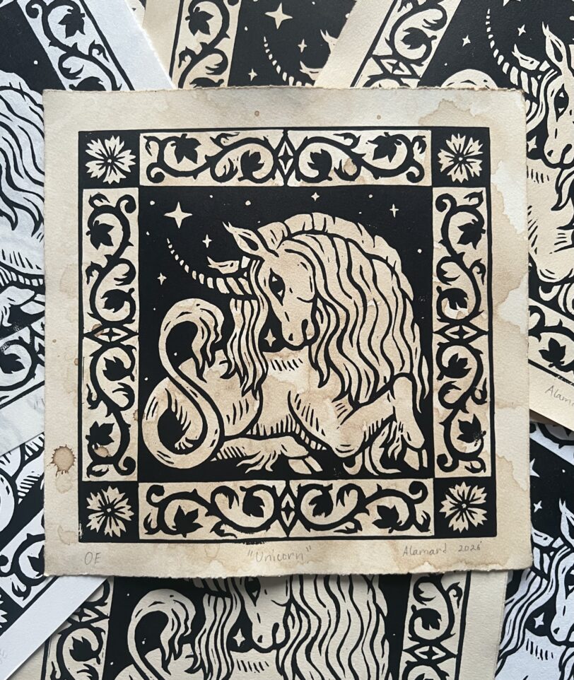 Medieval heraldic fantasy unicorn linocut print