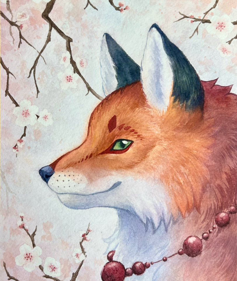 Watercolor painting of a kitsune fox in sakura
