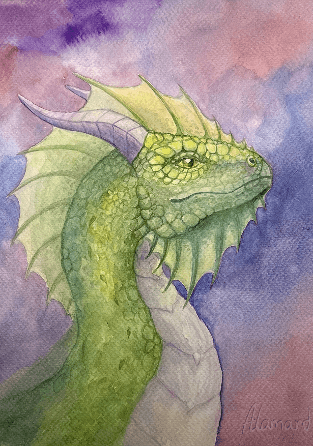 Watercolour painting of a green dragon