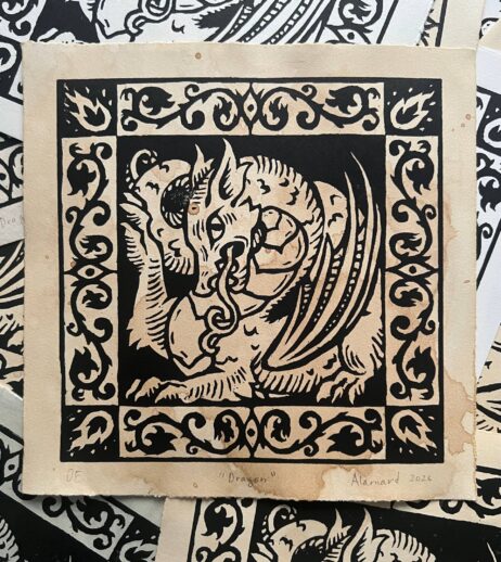 Medieval heraldic fantasy dragon linocut print