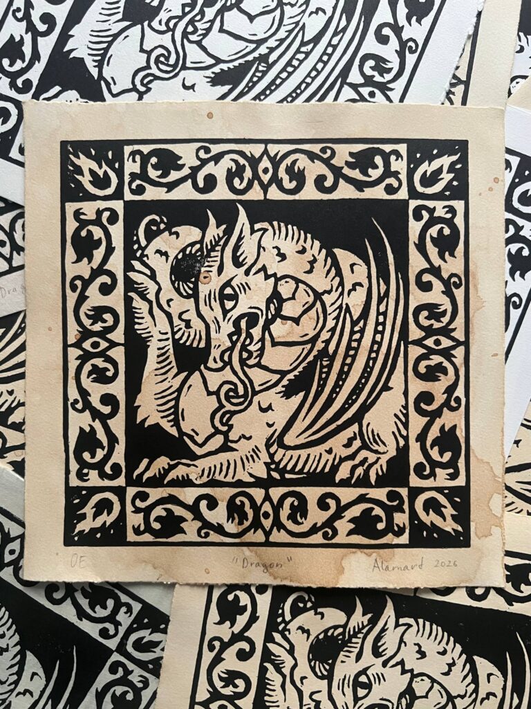 Medieval heraldic fantasy dragon linocut print