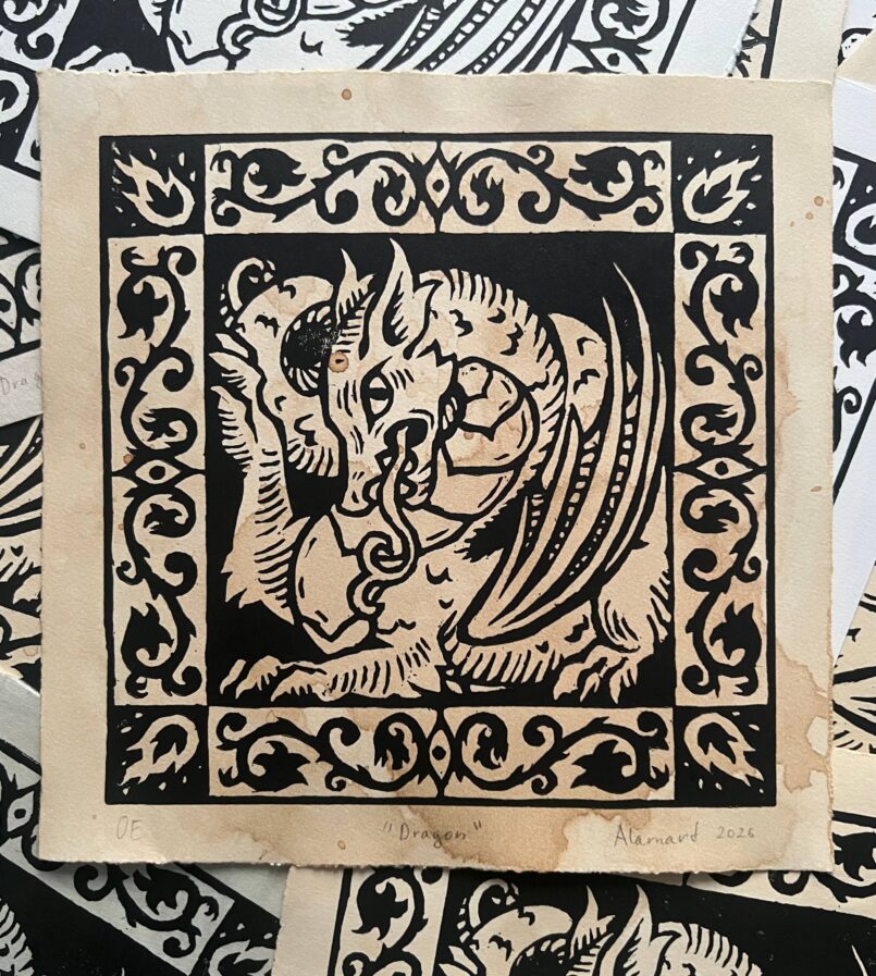 Medieval heraldic fantasy dragon linocut print