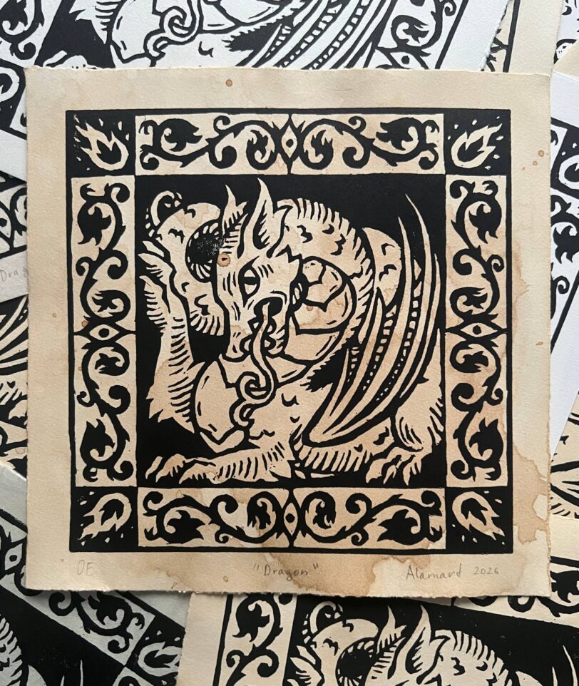 Medieval heraldic fantasy dragon linocut print