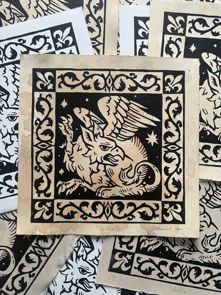 Medieval heraldic fantasy griffin linocut print