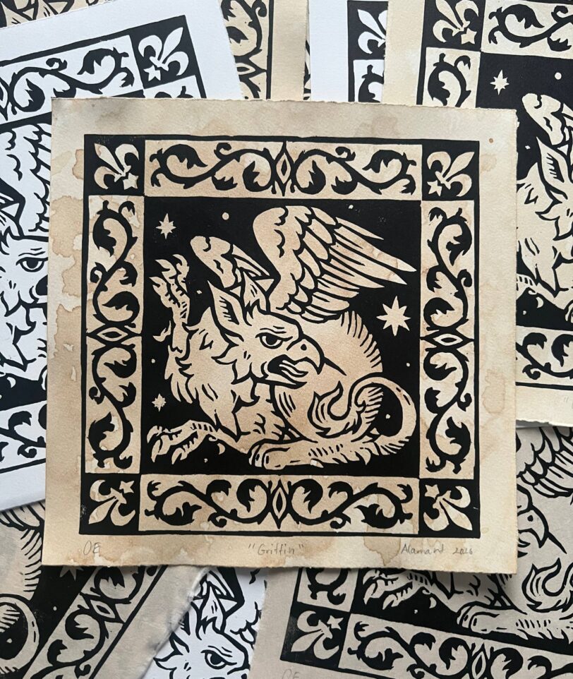 Medieval heraldic fantasy griffin linocut print