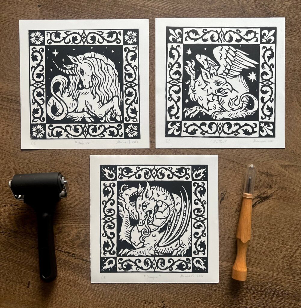 Medieval heraldic fantasy linocut prints of a dragon, griffin and a unicorn