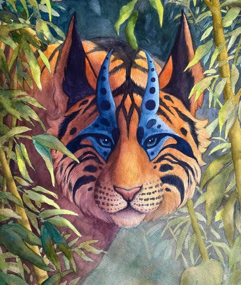 Watercolor painting of a fantasy tiger among jungle leaves