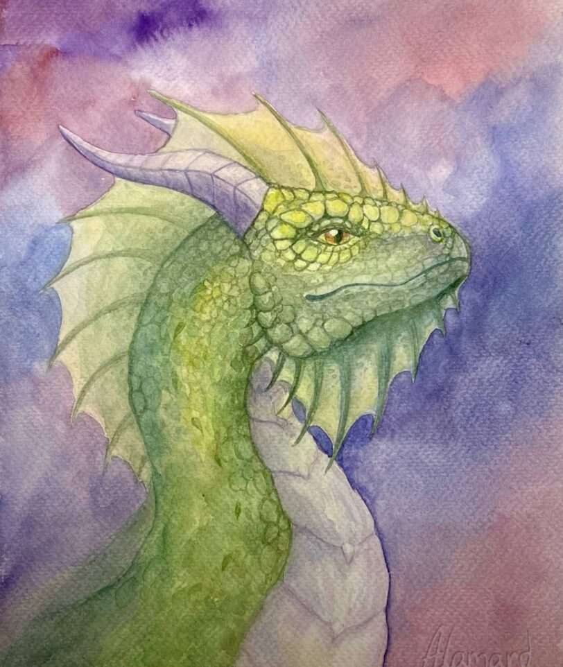 Fantasy green dragon watercolor painting, profile view