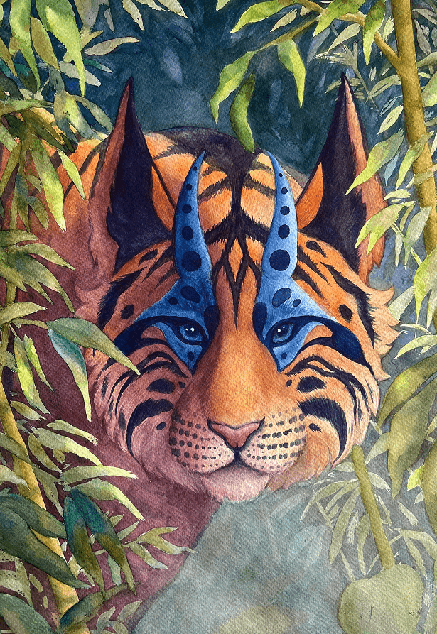 Watercolor painting of a fantasy tiger among jungle leaves